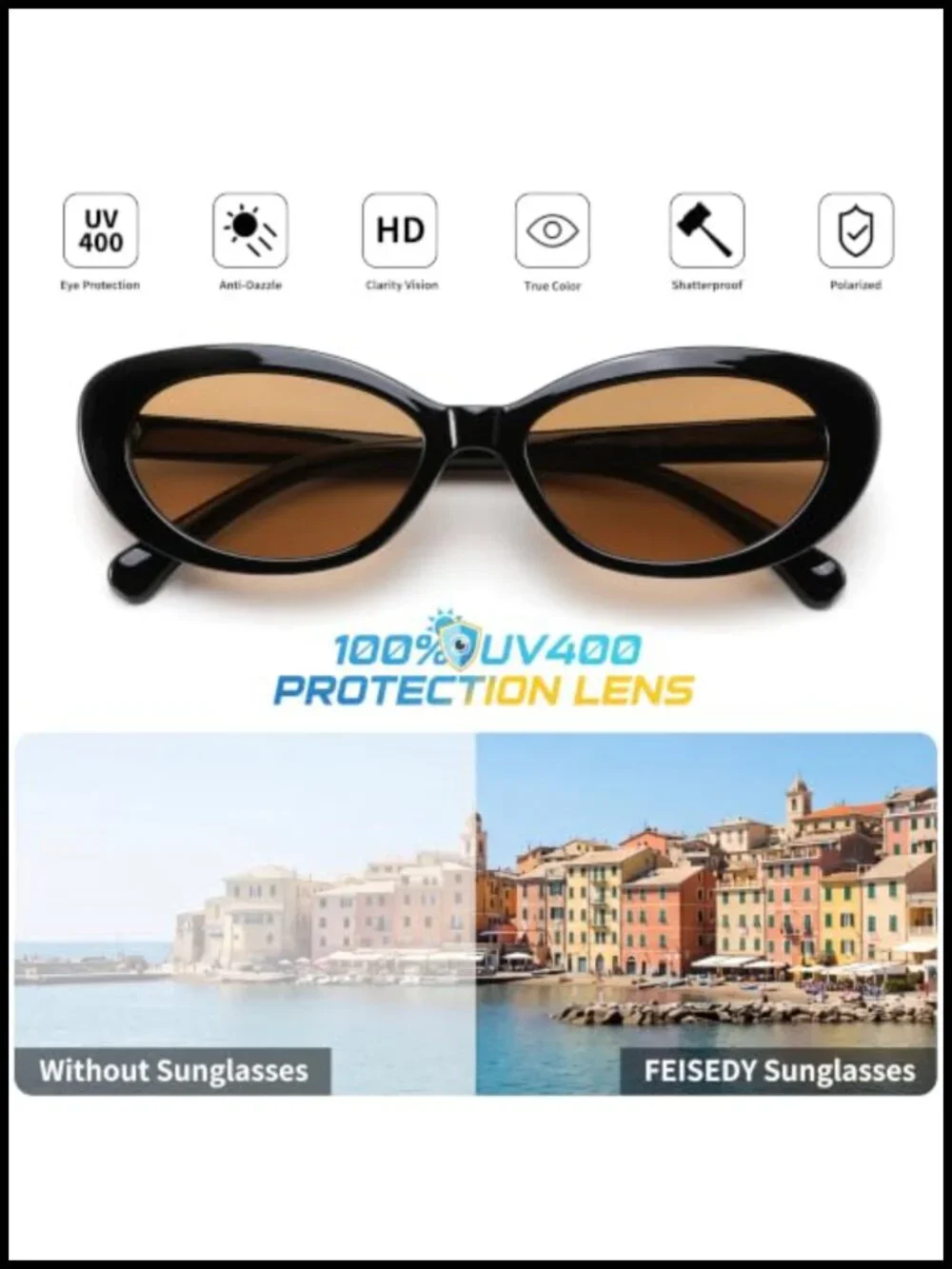 Retro Oval Cat Eye Sunglasses UV400 Protection Lightweight Plastic